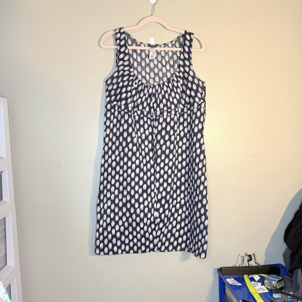 Patagonia Hemp Organic Cotton Sleeveless Shift Dress Navy White Print Womens 10